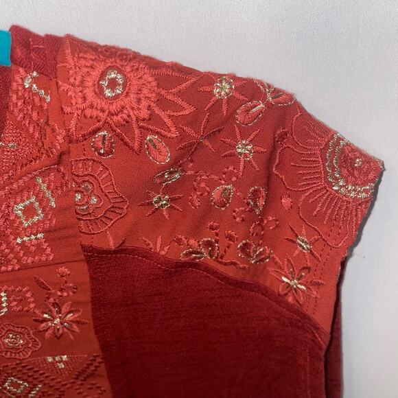 Anthropologie Akemi + Kin Burnt Orange Gold Embroidery Boxy Style Pleated Top S - Picture 5 of 7